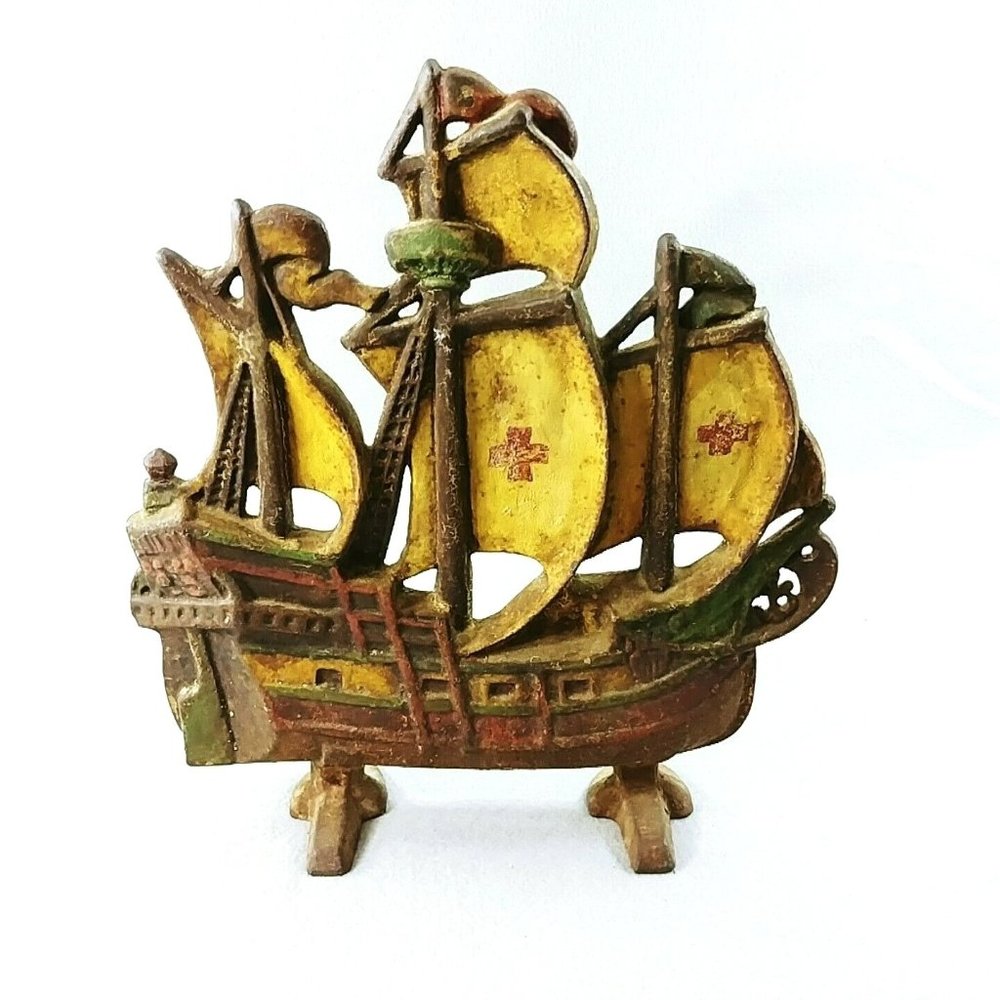 Doorstop Cast Iron Galleon Ship Painted with Red Cross on Sails